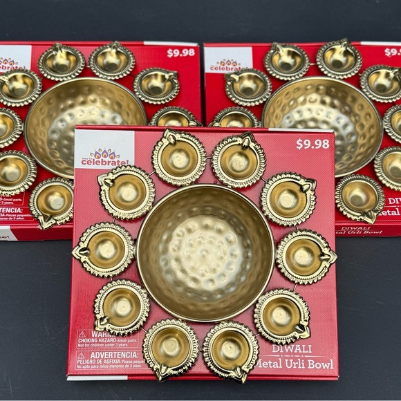 Gold Metal Urli Bowl Set of THREE NEW!!! Diwali/Bohemian/Hippie/Holiday - Picture 3 of 9